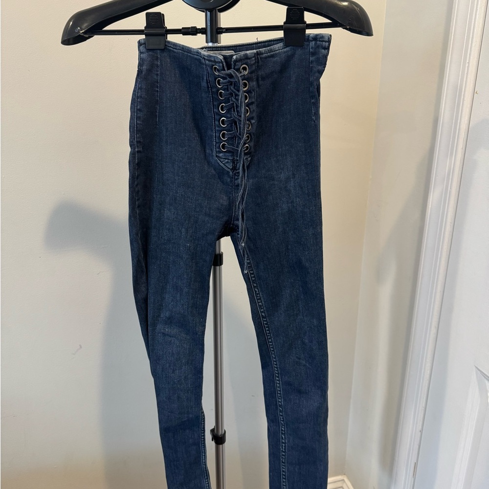 Free People Lace-Up Skinny Jeans in Dark Blue